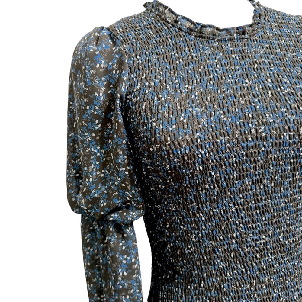 Parker Lilly Puff Sleeve Floral Georgette Dress Sz S Blue Smocked Long Sleeve - Picture 5 of 8